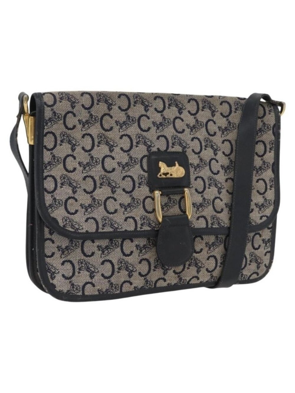 Authentic CELINE C Macadam Canvas Shoulder Bag Navy Gold